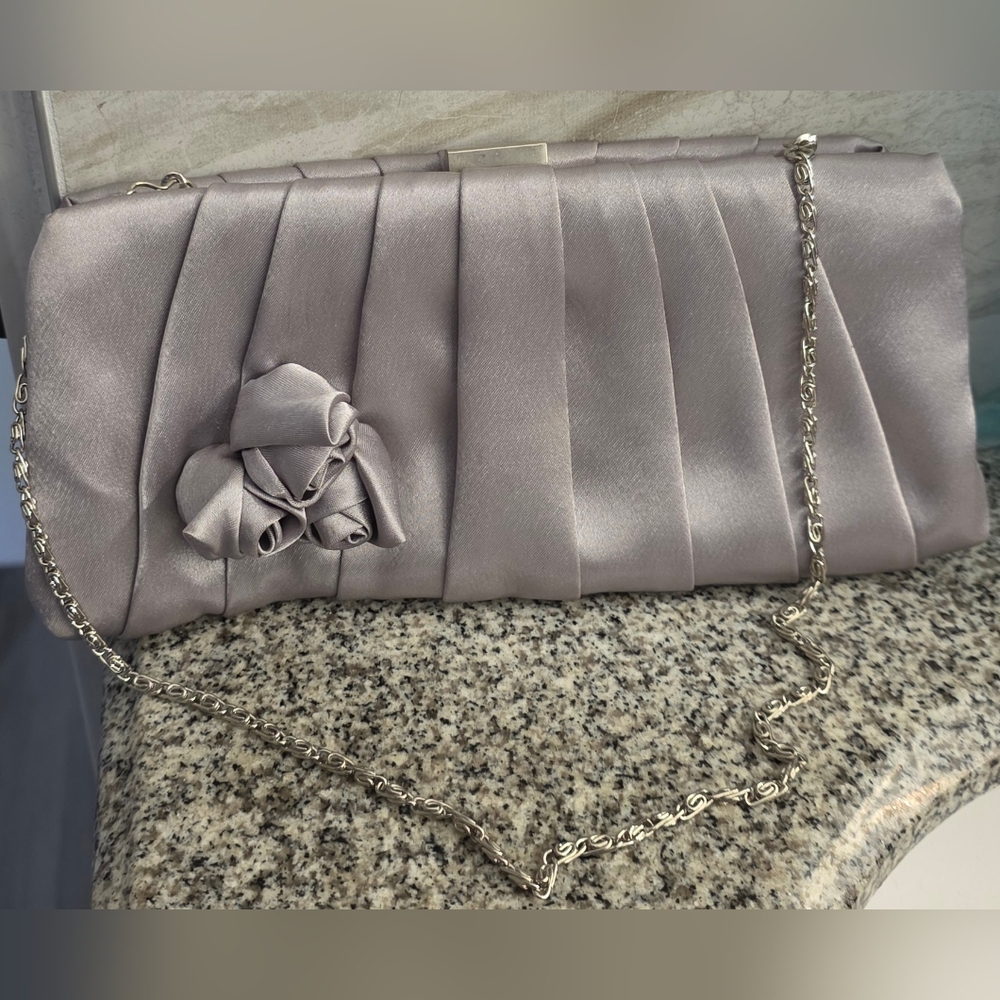 Jessica McClintock Silver Rose Flower Satin Pleated Clutch Bag